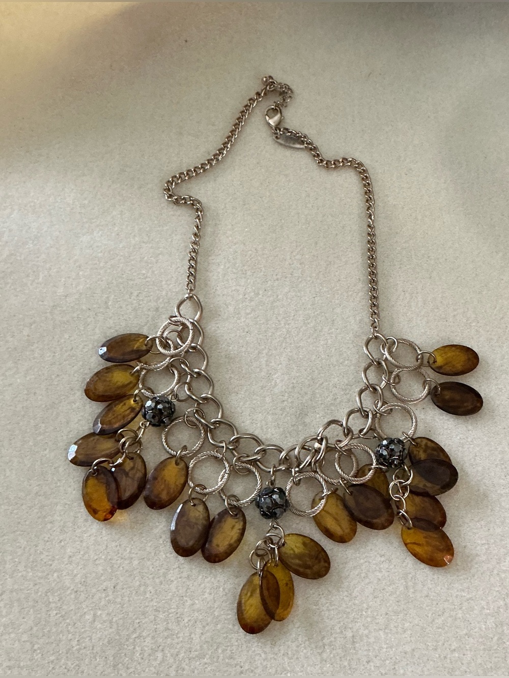 Amber Glass Drop Necklace with Silver Rings, 22”